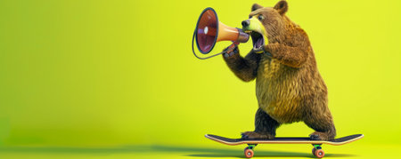 A cool bear with a skateboard, using a megaphone on a lime green background. The bear's relaxed pose and the megaphone's call add a playful touch.の素材