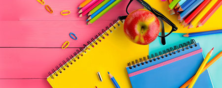A cheerful "Back to School" scene with a colorful desk setup, including notebooks, pencils, and an apple, with space for text in the middle.の素材