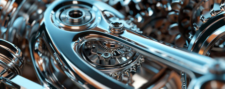 A clean, polished mechanical background with chrome gears and smooth, reflective surfaces, emphasizing modern mechanical design.の素材