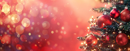 A cheerful holiday background with twinkling lights, ornaments, and a decorated Christmas tree, providing space for copy.の素材