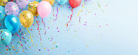 A festive background with colorful balloons, streamers, and confetti against a light blue backdrop, leaving ample space for text.の素材