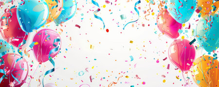 A colorful birthday card background with balloons, confetti, and streamers framing the edges, and a blank area in the center for a message.の素材