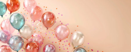 A colorful birthday party background with balloons in different hues, against a soft peach background with space for text.の素材