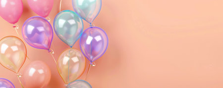 A colorful birthday party background with balloons in different hues, against a soft peach background with ample room for text.の素材