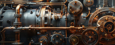 A detailed mechanical background with a focus on steam engines and their components, including pistons, valves, and boilers, evoking a sense of vintage engineering.の素材