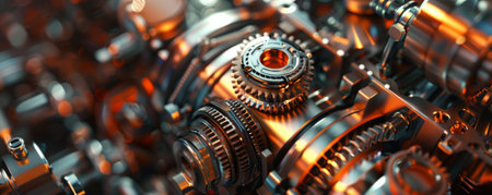 A detailed mechanical background with a close-up view of meshing gears, shafts, and springs, emphasizing precision engineering.の素材