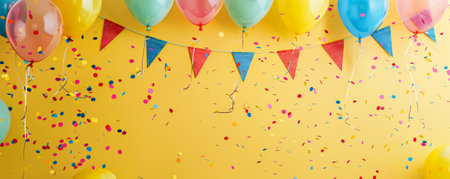A festive background featuring a garland of colorful flags, balloons, and confetti against a sunny yellow backdrop, with ample space for text.の素材