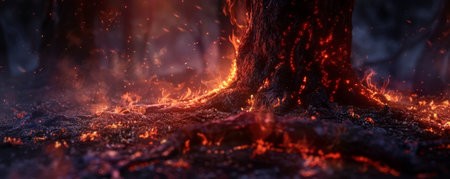 A background of flames licking at the base of a tree, creating a dramatic and intense visual effect.の素材