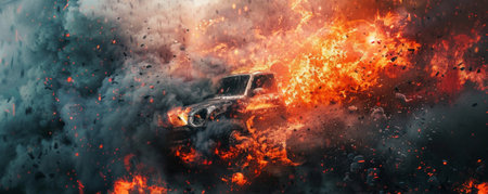 A background of fire consuming a vehicle, with intense flames and billowing smoke creating a chaotic and powerful scene.の素材