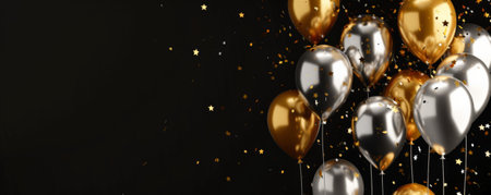 A celebration background with gold and silver balloons, against a black backdrop with room for copy.の素材
