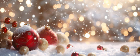 A festive holiday background featuring a snowy scene with red and gold decorations, twinkling lights, and plenty of space for text.の素材