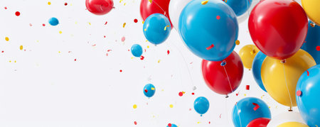 A festive scene with balloons in red, blue, and yellow, against a white background with room for text.の素材