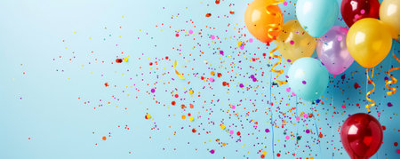 A festive background with colorful balloons, streamers, and confetti against a light blue backdrop, leaving ample space for text.の素材