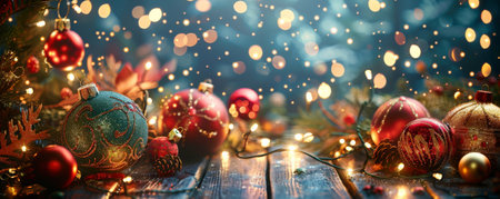 A festive background with sparkling fairy lights, colorful baubles, and a warm, cozy atmosphere, with ample room for copy.の素材