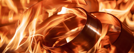 A fire background featuring flames dancing around a metal sculpture, creating a dynamic and artistic visual.の素材