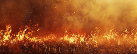 A fire background with flames spreading across a field of dry grass, creating a sense of intense heat and danger.の素材