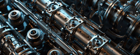 A mechanical background featuring the inner workings of an engine, with detailed pistons, crankshafts, and valves, highlighting mechanical precision.の素材