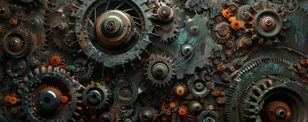A mechanical background with a variety of interconnected gears, chains, and pulleys, creating a sense of movement and complexity.の素材