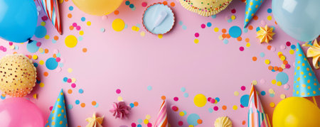 A playful birthday card background with balloons, party hats, and confetti framing the edges, and a spacious central area for copy.の素材
