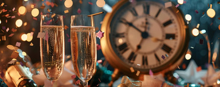 A New Year celebration background with a clock striking midnight, champagne glasses, and confetti, providing room for copy.の素材