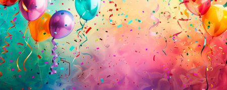 A party-themed background featuring bright streamers, balloons, and confetti against a vibrant backdrop, with space for text.の素材