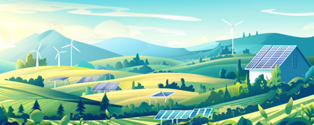 A safe planet backdrop featuring a clean, renewable energy farm with wind turbines and solar panels, symbolizing sustainable energy solutions.の素材