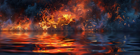 A fire background with flames reflecting off a body of water, creating a mesmerizing and dynamic scene.の素材