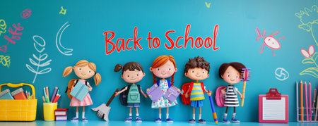 A fun "Back to School" scene with cartoon kids holding school supplies, a colorful chalkboard, and room for a message.の素材