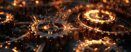 A mechanical background with interlocking gears and cogs, illuminated by soft, ambient light, creating a sense of depth and complexity.の素材