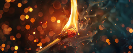 A fire background with a burning matchstick, flames consuming the match and casting a small, bright light.の素材