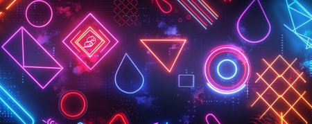 A vivid backdrop with an array of neon lights forming abstract shapes and patterns, glowing brightly against a dark background.の素材