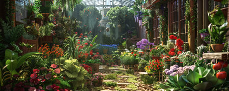 A safe planet backdrop showcasing a thriving community garden with diverse plants, flowers, and vegetables, evoking a sense of community and sustainability.の素材