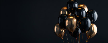 A sophisticated background with black and gold balloons, against a dark background with plenty of space for copy.の素材