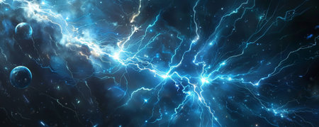 An intense energy background with electric blue lightning bolts and glowing orbs radiating against a dark backdrop, creating a sense of power.の素材