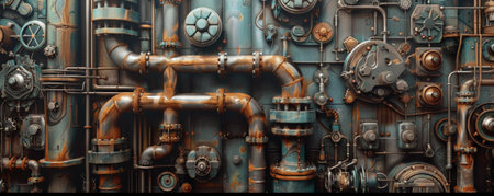 An intricate mechanical background with a maze of pipes, valves, and gears, creating a sense of industrial complexity and functionality.の素材