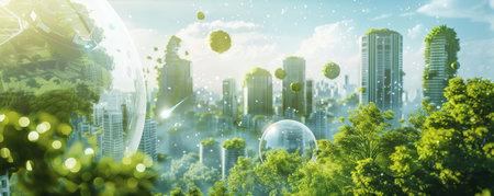 A safe planet backdrop with a panoramic view of a sustainable city, featuring green rooftops, solar panels, and abundant parks, representing harmony between nature and urban living.の素材