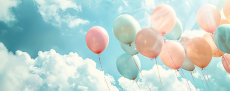 A whimsical background with pastel balloons, against a cloudy sky background, providing ample copy space.の素材