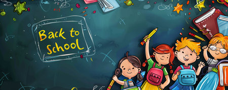 A fun "Back to School" scene with cartoon kids holding school supplies, a colorful chalkboard, and room for a message.の素材