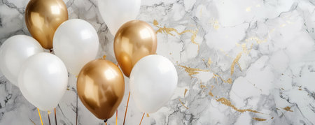 A sophisticated background featuring white and gold balloons, against a marble-textured backdrop with space for copy.の素材