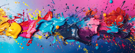 A vivid backdrop with a dynamic explosion of colorful paint splatters and drips, creating an energetic and lively atmosphere.の素材