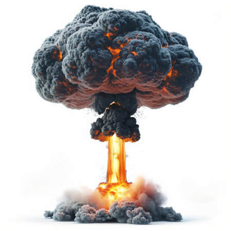 A dramatic nuclear detonation with a large mushroom cloud, swirling smoke, and a bright, fiery core, isolated on white backgroundの素材
