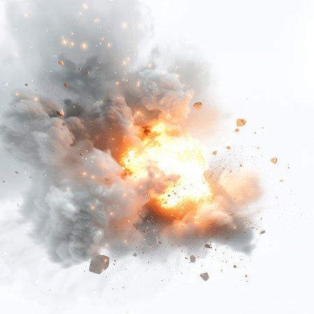 A cinematic explosion with a bright flash of light and swirling smoke, isolated on white backgroundの素材