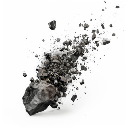 A fragmented meteor breaking apart, with small pieces and debris scattering, isolated on white backgroundの素材