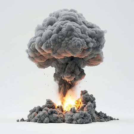 A nuclear mushroom cloud forming with a bright flash of light at the base, billowing up with gray and black smoke, isolated on white backgroundの素材