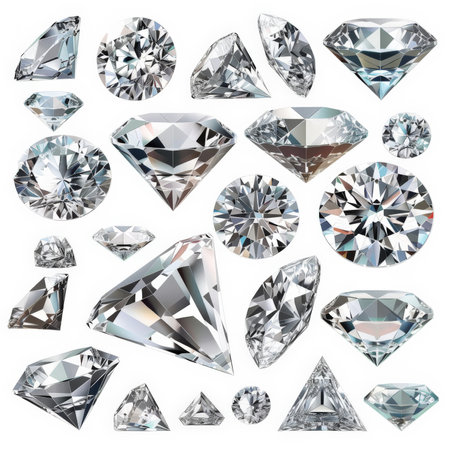 A set of diamonds in various cuts and sizes, arranged in a visually appealing pattern, isolated on white backgroundの素材