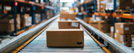 A conveyor belt in a warehouse, with packages of various sizes being sorted and shipped out for delivery, illustrating the logistics process.の素材