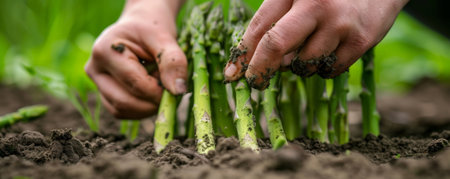 A close-up of hands cutting asparagus stalks from the ground, with fresh green spears and rich soil.の素材