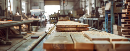 A conveyor belt in a woodworking shop, with wooden planks being cut, sanded, and assembled into furniture.の素材