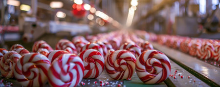 A conveyor belt in a candy cane factory, with red and white striped candies being twisted and packaged for the holidays.の素材
