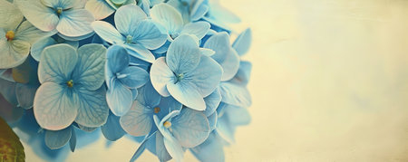 A close-up of a blue hydrangea flower on a pale yellow background, creating a soft and inviting wall art piece.の素材